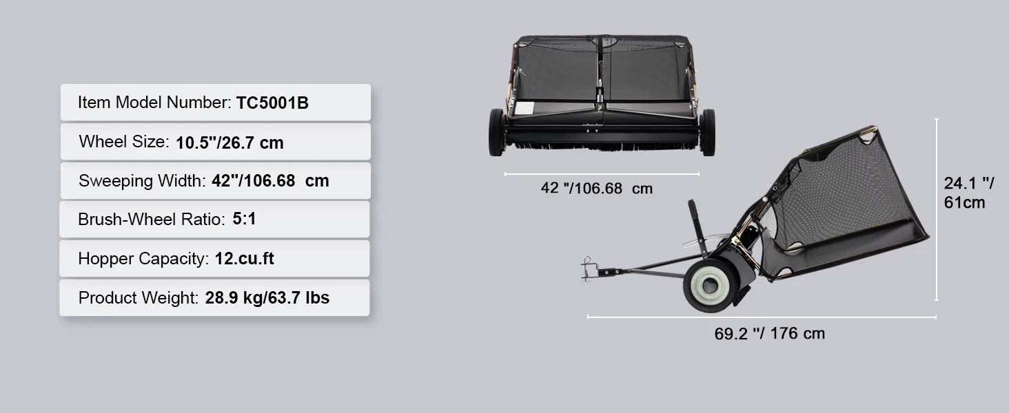 42-Inch Tow-Behind Lawn Sweeper, 12 cu.ft. Leaf and Grass Collector