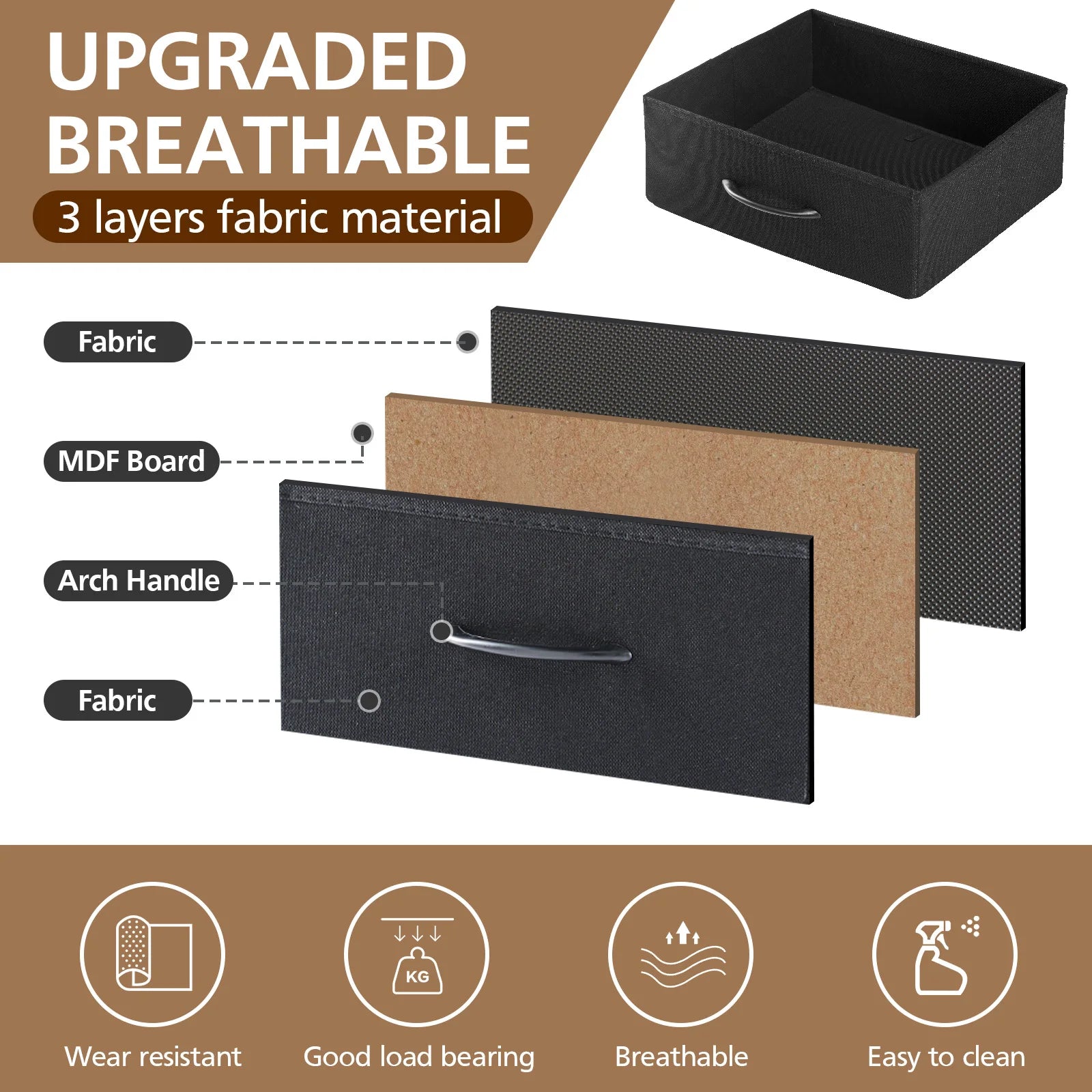 Nightstand with Charging Station, LED Light & 3 Fabric Drawers