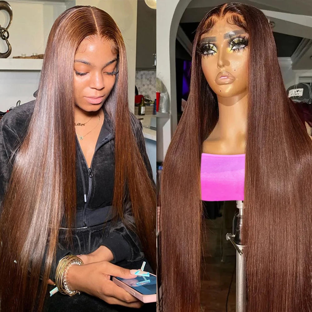 HD Chocolate Brown 13x4 Bone Straight Lace Front Wig Remy Brazilian 13x6x1 Lace Frontal Wigs For Women Human Hair Preplucked 