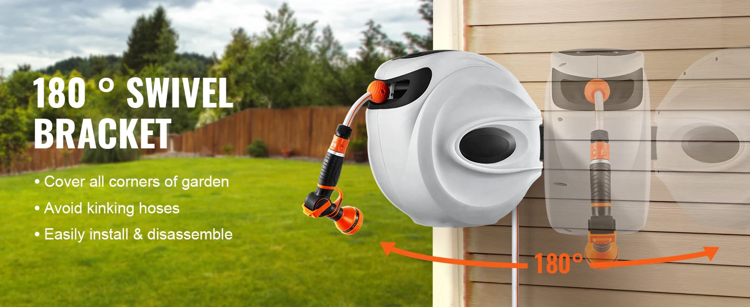 Retractable Hose Reel 1/2 Inch Wall-Mounted with 180° Swivel Bracket and 9-Pattern Nozzle