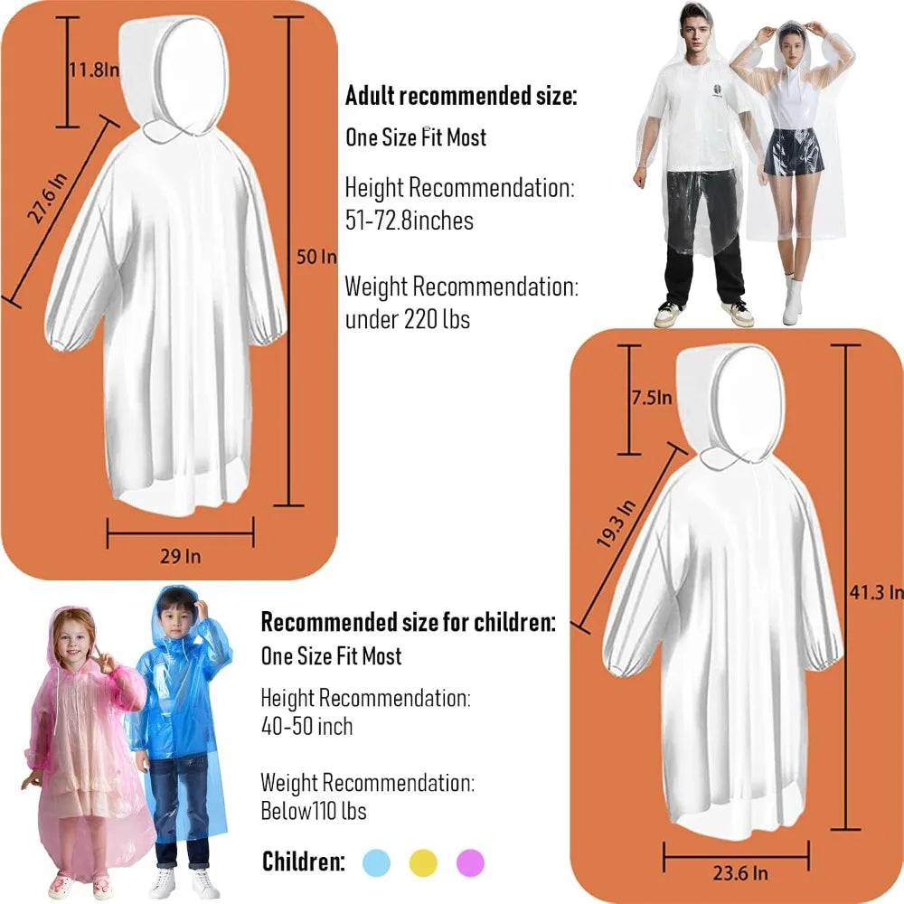 Rain Ponchos Family Pack - Disposable Emergency Ponchos for Adults & Kids, 8 Pack
