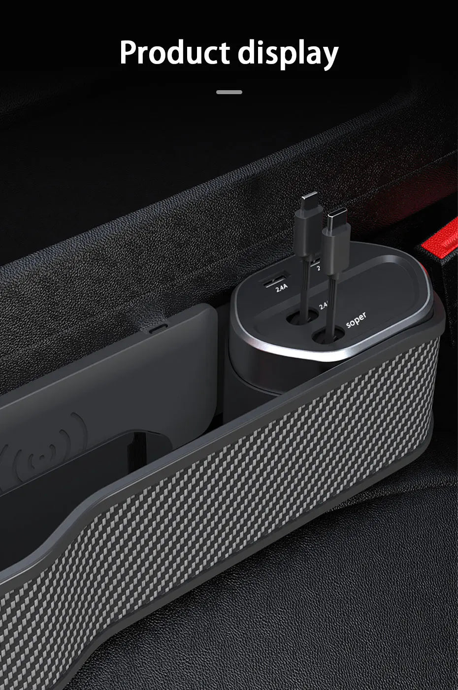 Car Seat Gap Organizer with Wireless Charging and Storage Box