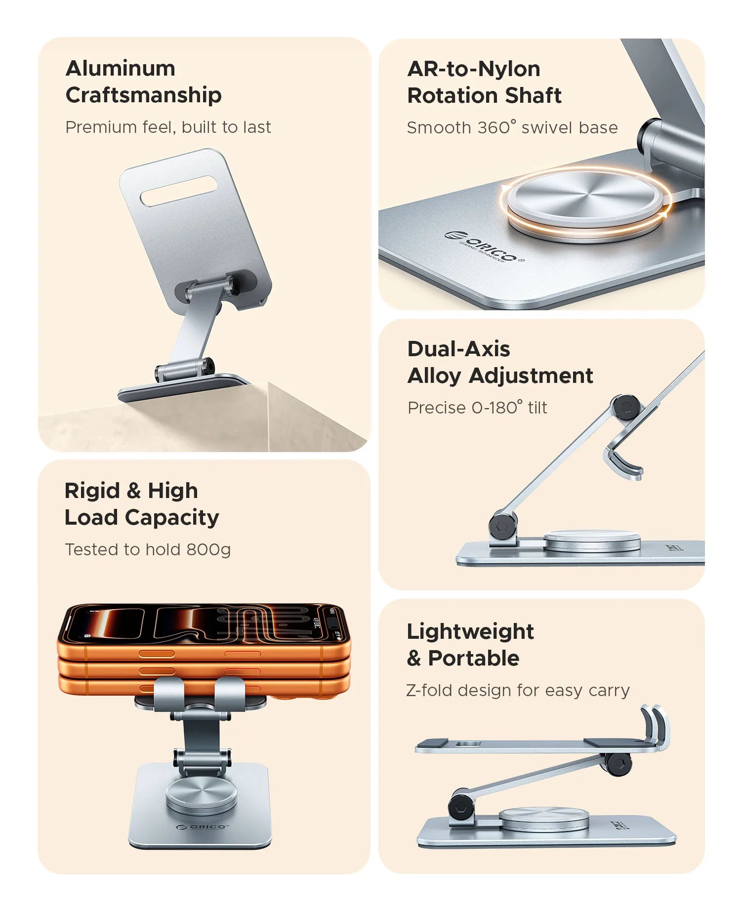 Adjustable Aluminum Phone Stand with 360° Rotation & Foldable Design