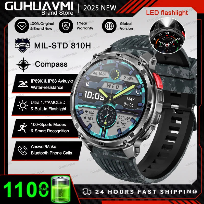 Outdoor Bluetooth Anruf-Smartwatch mit Kompass & Taschenlampenfunktion