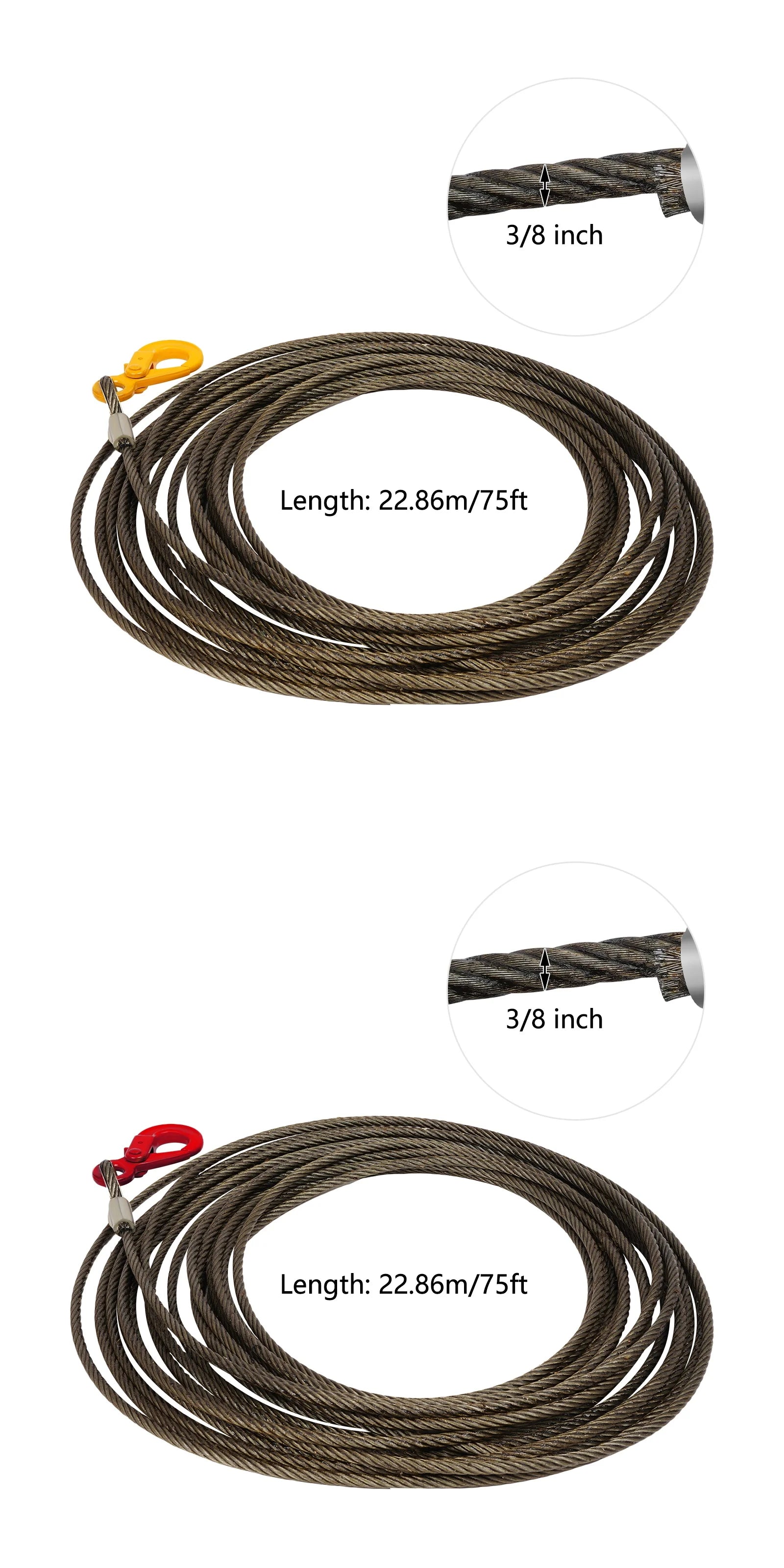 3/8in*75FT Steel Winch Cable, Steel Core Rope, Heavy Duty Wire Rope Cable With Self-locking Hook,Rated Load 1.12T