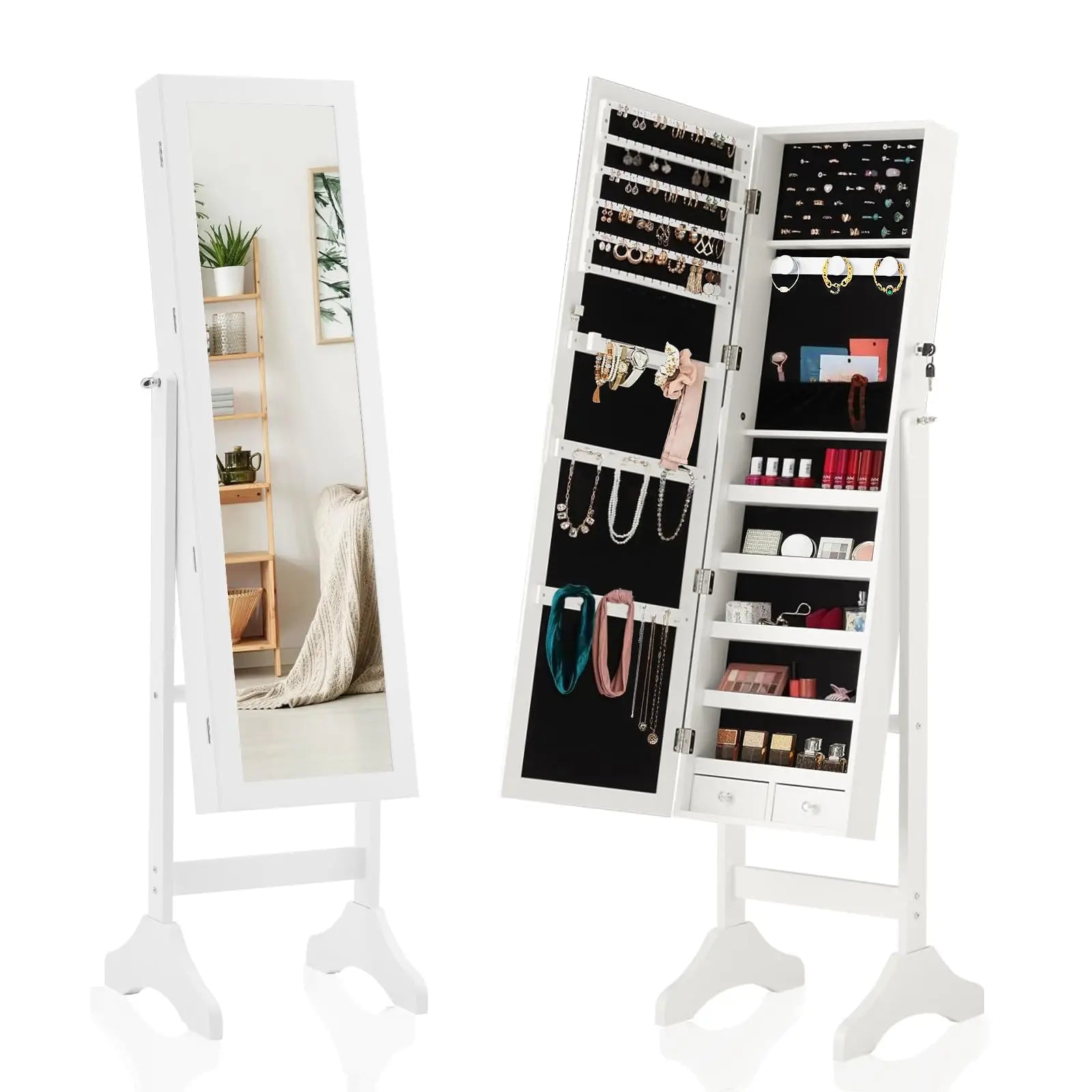 Full-Length Jewelry Armoire Mirror with Lockable Storage Cabinet
