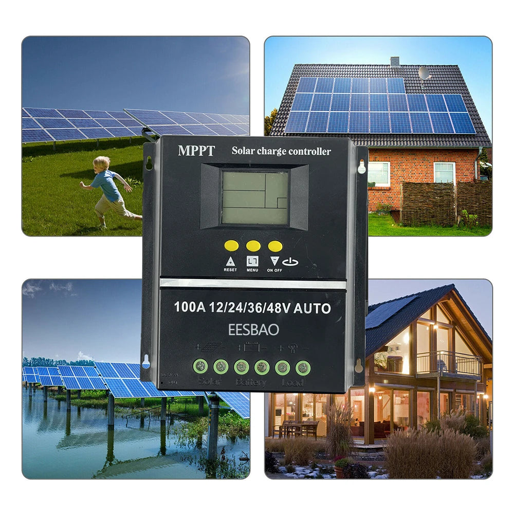 100A Dual USB Solar Charging Controller 12V 24V 36V 48V Solar Panel Lead-acidthium Battery Stabilizer Black appearance EESBAO 