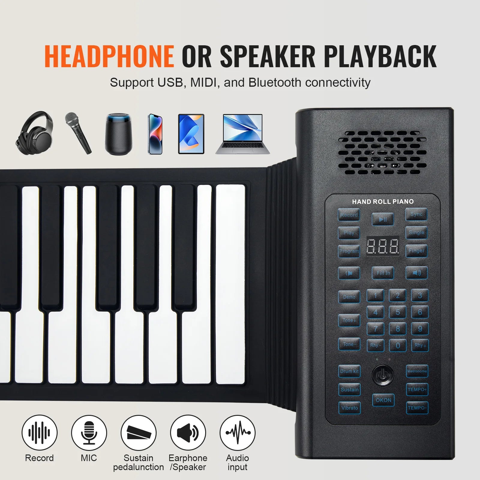 88-Key Roll Up Piano Keyboard with 128 Tones & Rechargeable Battery