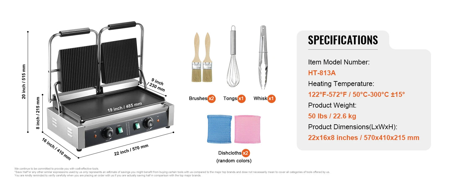 Ipari 3600W-os panini grill hőmérséklet-szabályozással és 19x9 cm-es felülettel