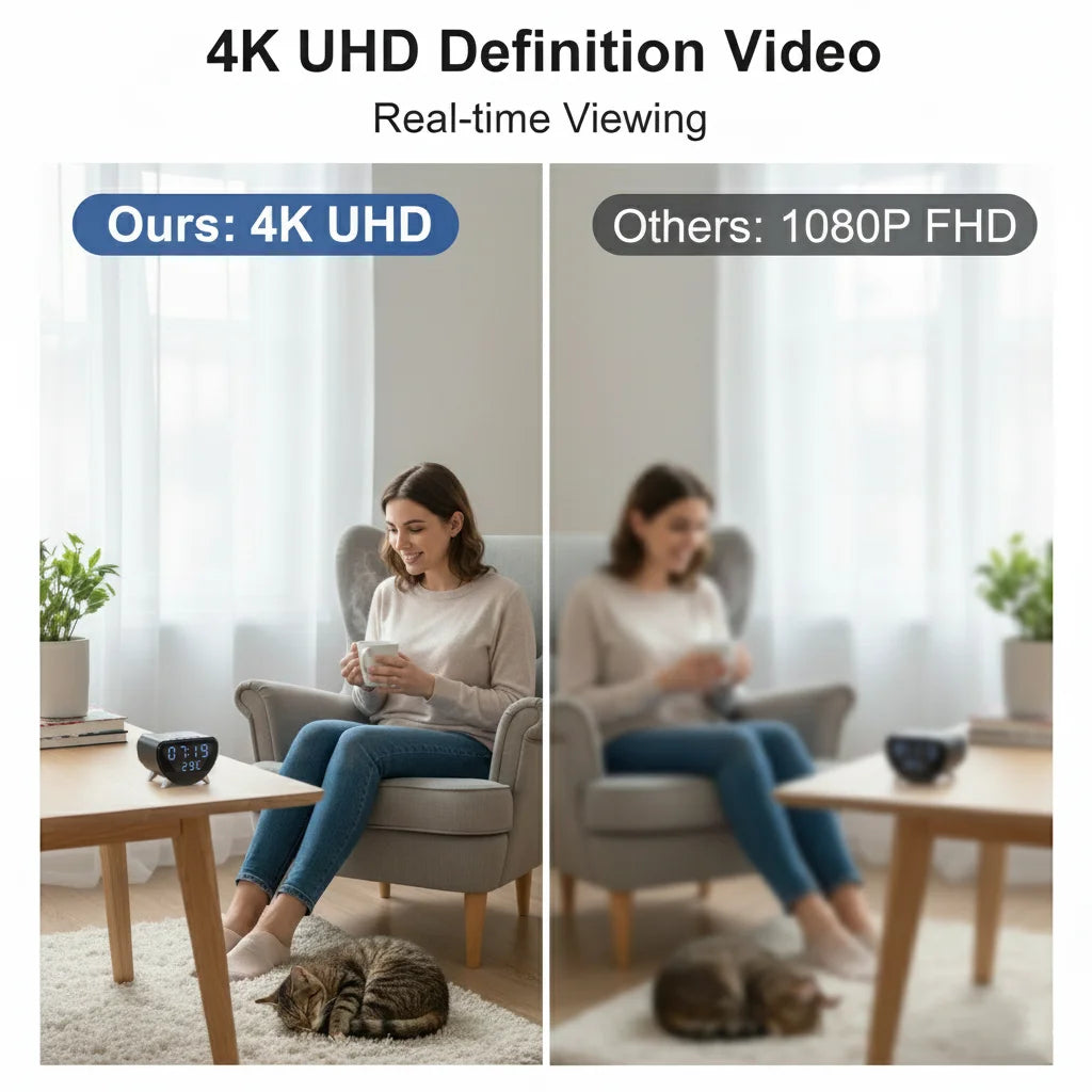 4K UHD WiFi Clock Camera, Indoor Surveillance with Motion Detection, Remote Real-Time View & Video Recording, Qi Wireless Charging Compatible, Suitable for Home Office Warehouse, Elegant Minimalist Design, TF Card Storage (No