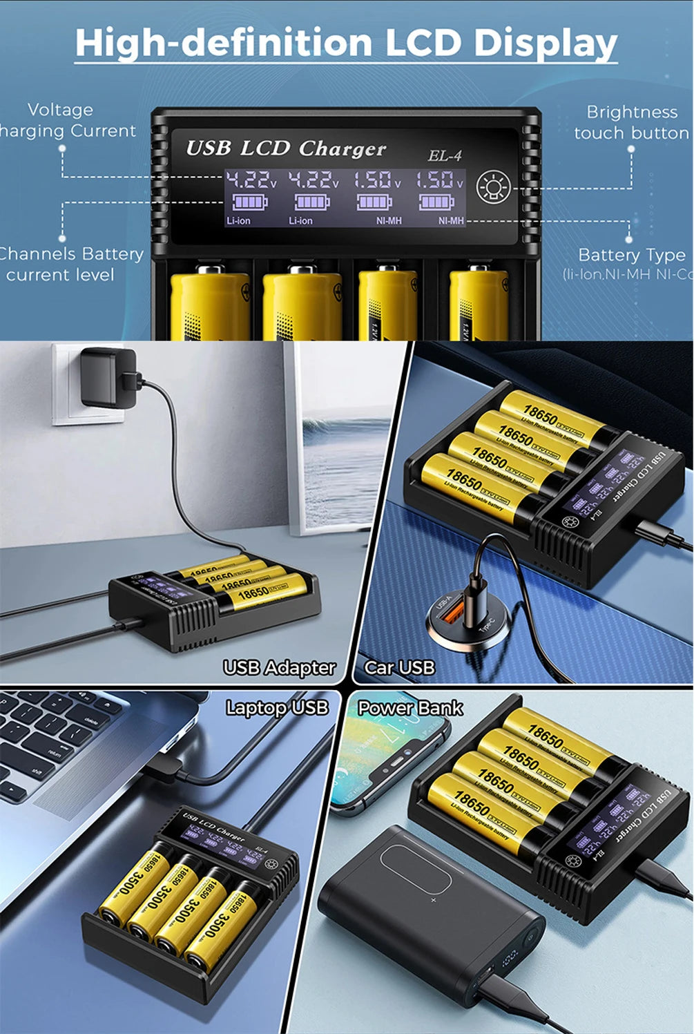 LCD USB Battery Charger - One to Four Slots