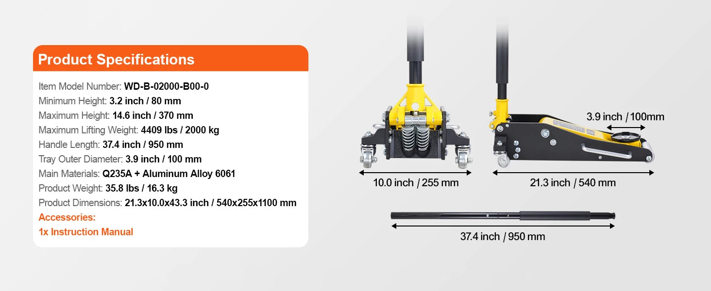 3 Ton Lage Profiel Aluminium Krik met Dubbele Pomp Hefmechanisme
