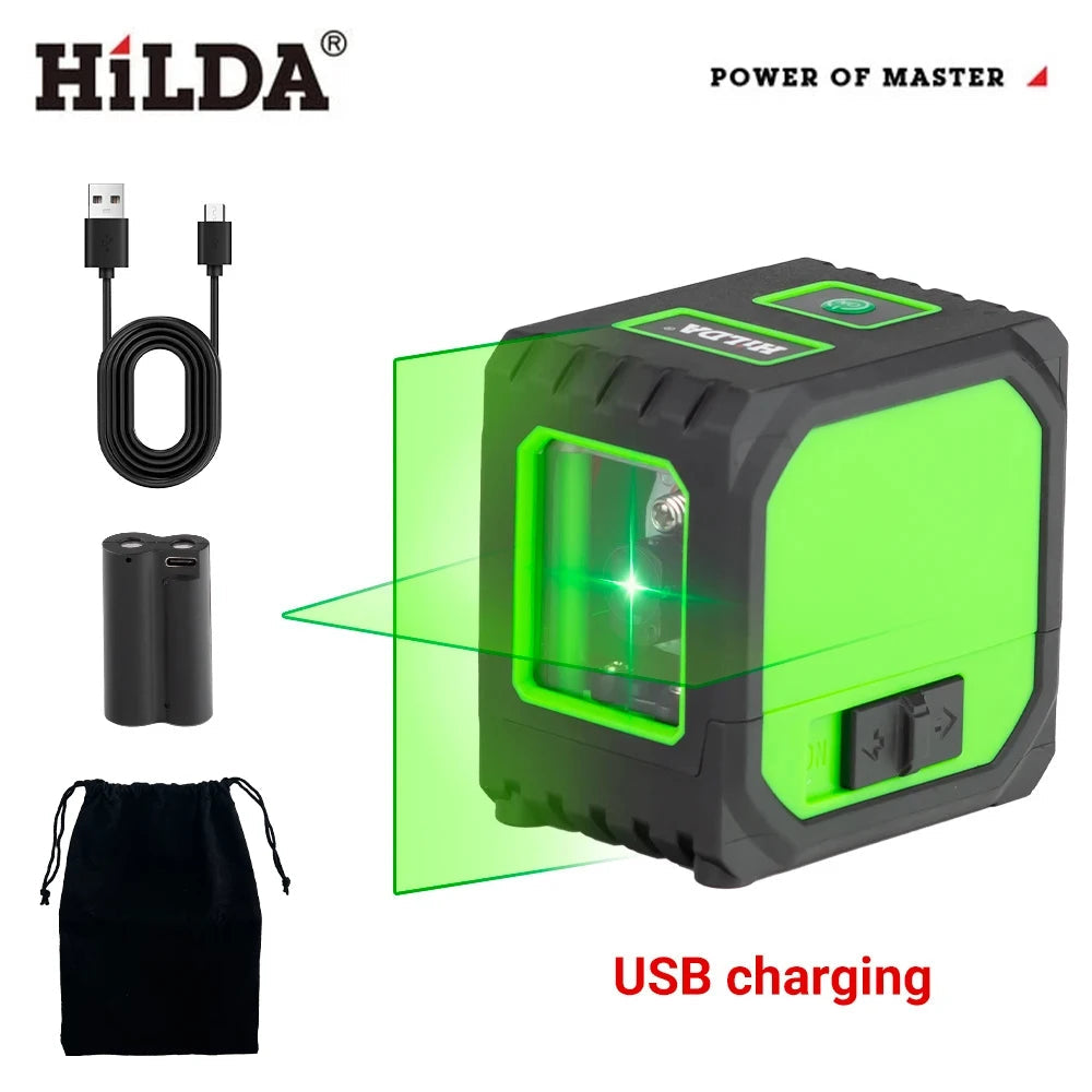 HILDA 2 Lines Mini Laser Level Self Levelling Green Beams Laser Horizontal & Vertical Cross-Line USB Charging 
