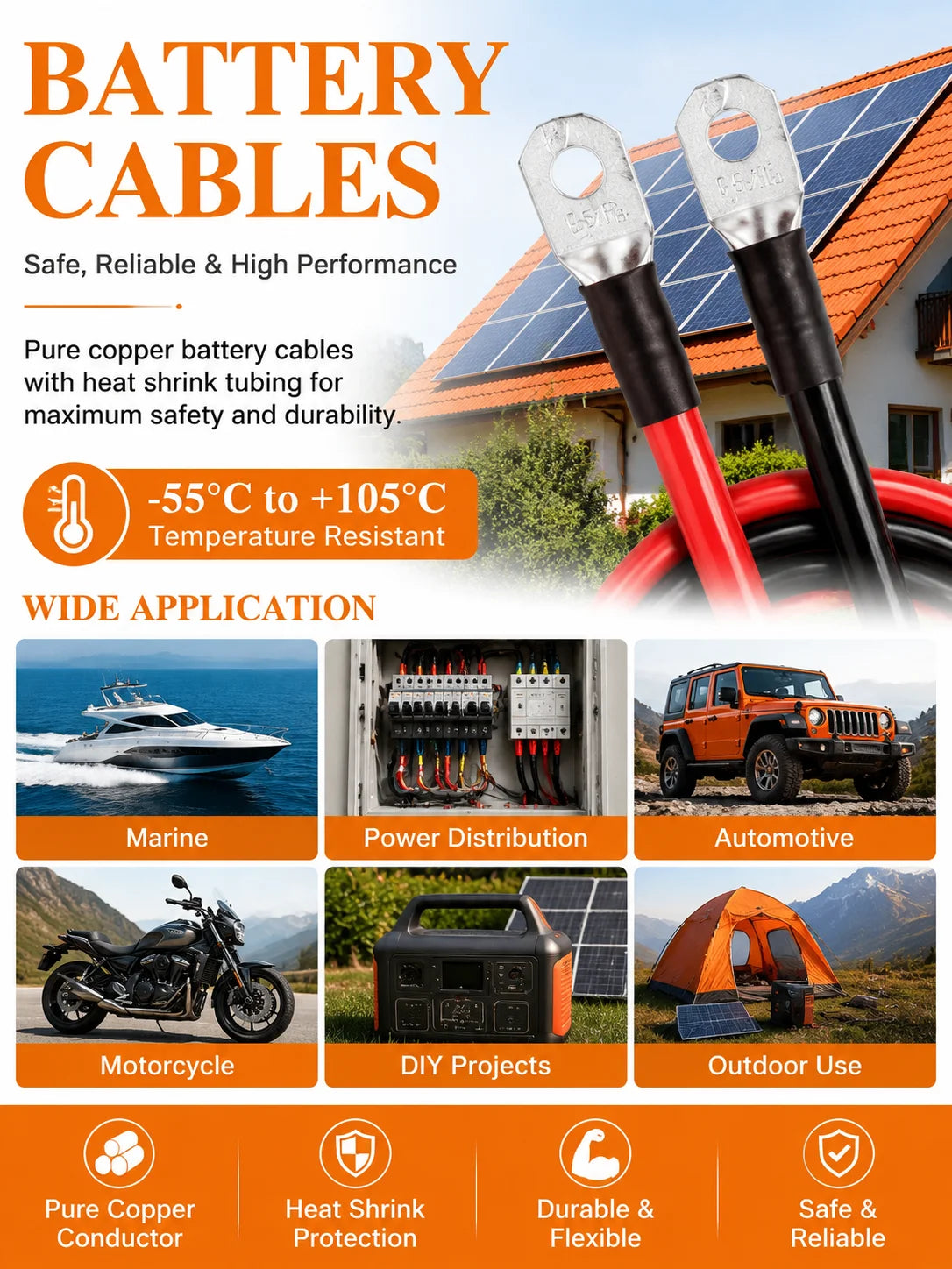 M8 Battery Cable 2 AWG or 4 AWG with 5/16 Lugs