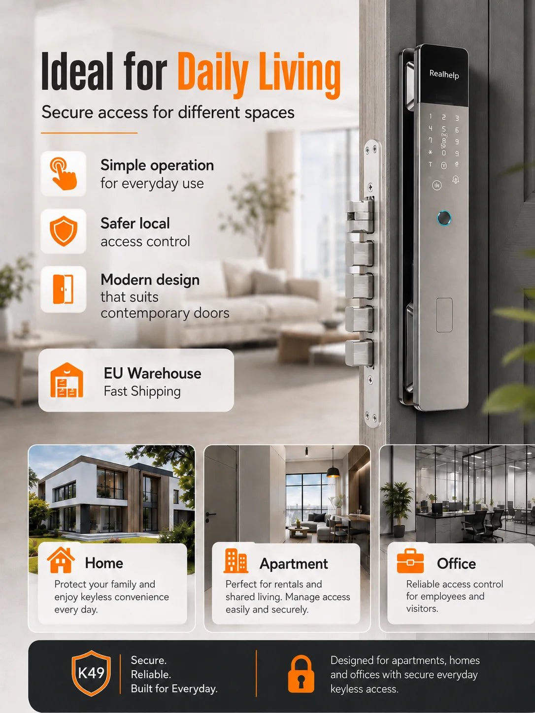 Realhelp K49 Smart Door Lock 6068 Mortise Fingerprint Door Lock PIN Code RFID Card Keyless Entry Electronic Lock 4200mAh Rechargeable Battery Standalone Security for Home Apartment Office EU Warehouse