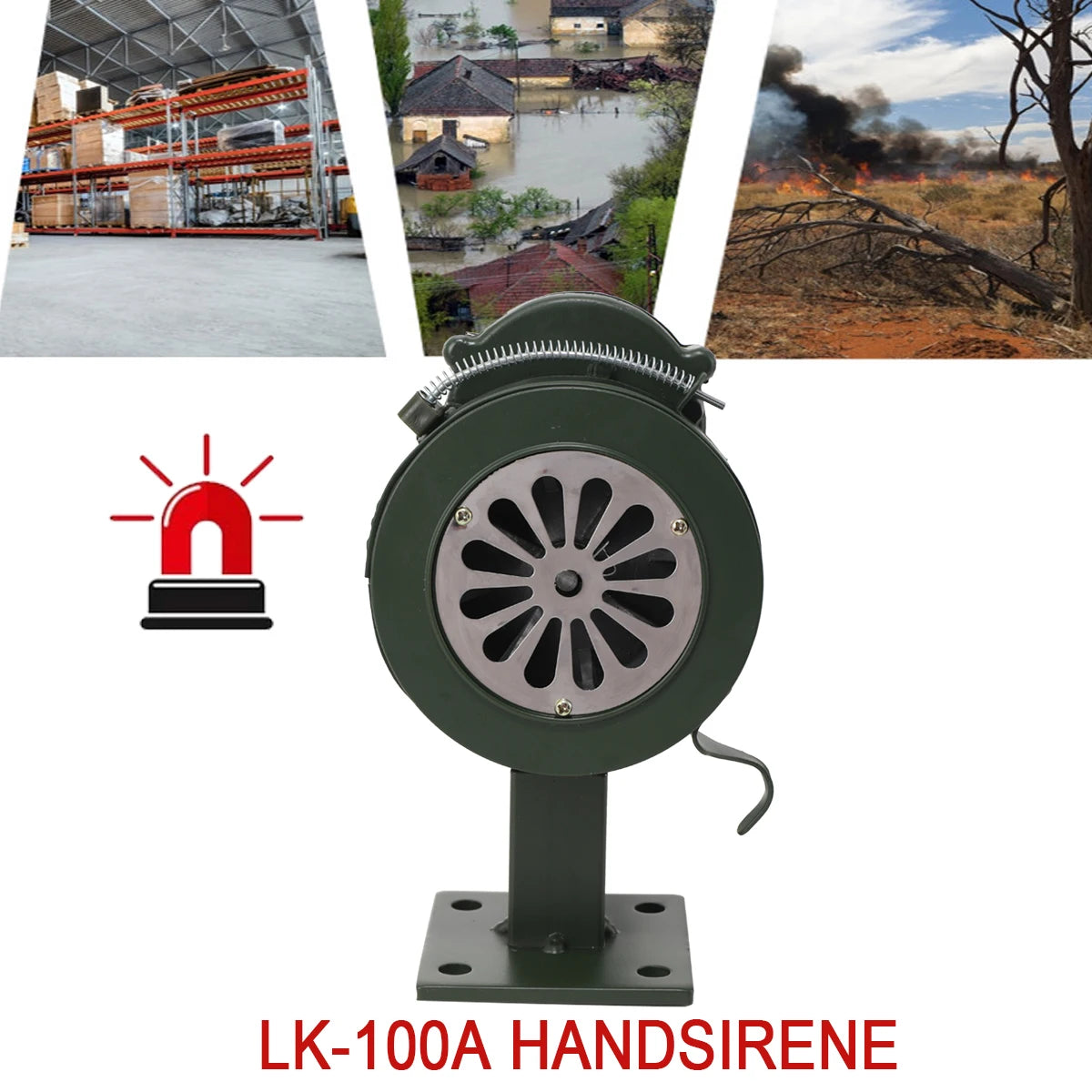 LK-100A Handhållen Siren Aluminiumlegering Manuell vevbar Siren Luftanfall Siren 110dB Högt Alarm för Nödsituation Skola Shopping Brand- och Luftsäkerhetslarm System