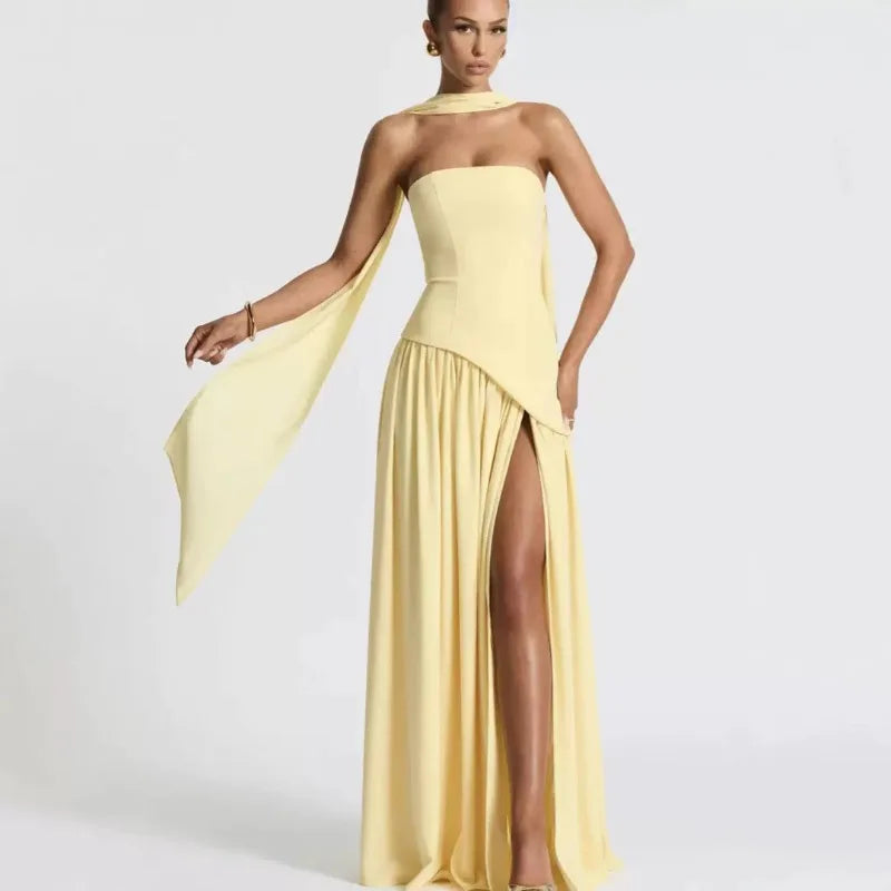 Elegant Strapless Floor-Length Women’s Slit Backless Evening Dress
