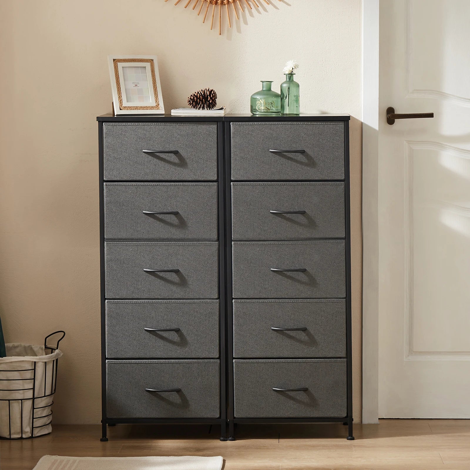 5 Drawer Fabric Dresser Cabinet Slim Storage Tower with Wood Top