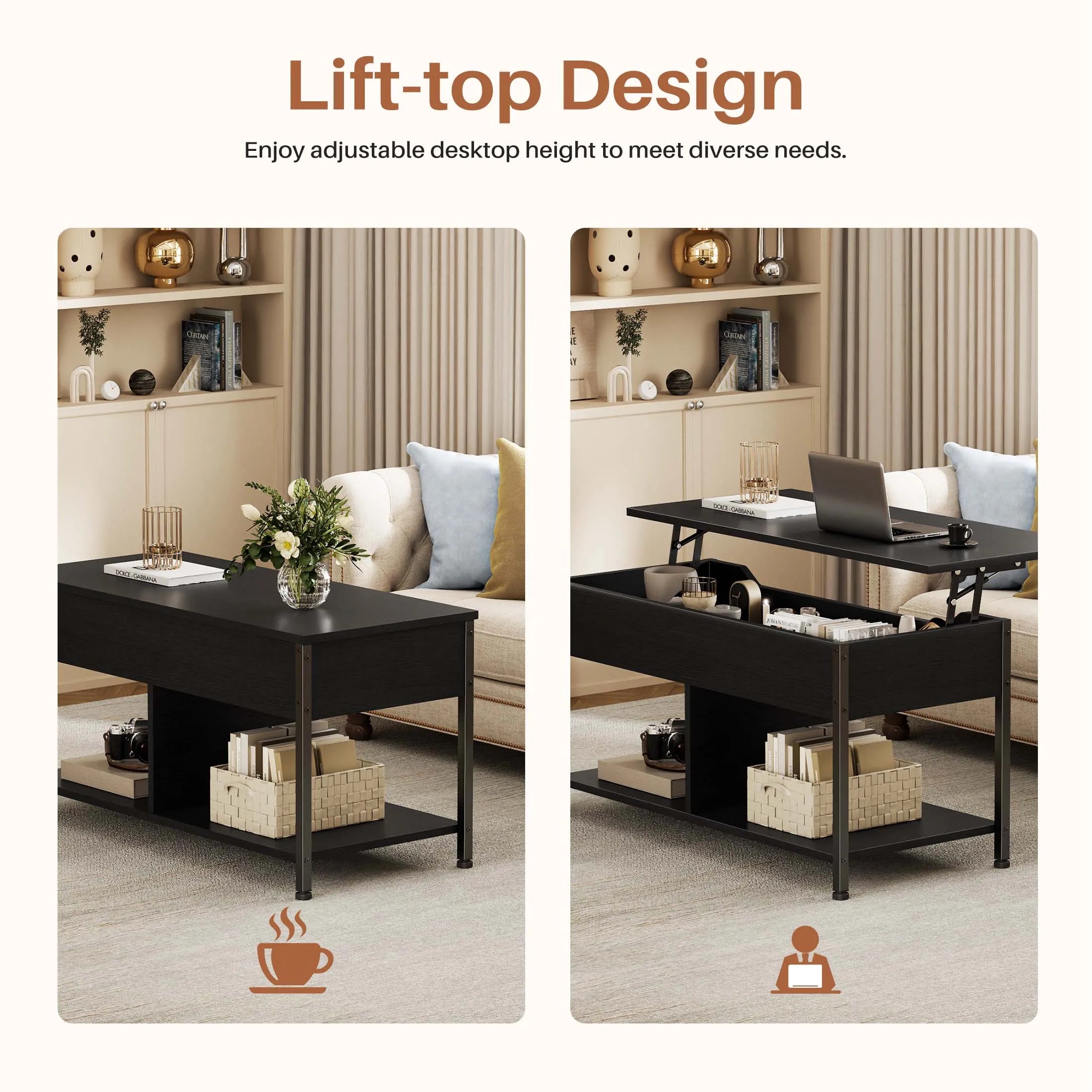 39" Lift Top Coffee Table with Storage Shelf Adjustable Wood Desk