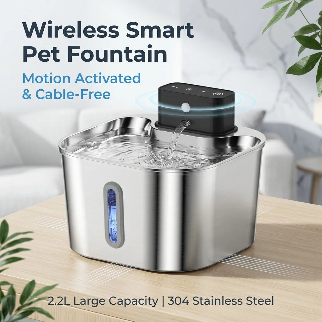 2.2L Wireless Recharging Sensor Stainless Steel Pet Water Fountain