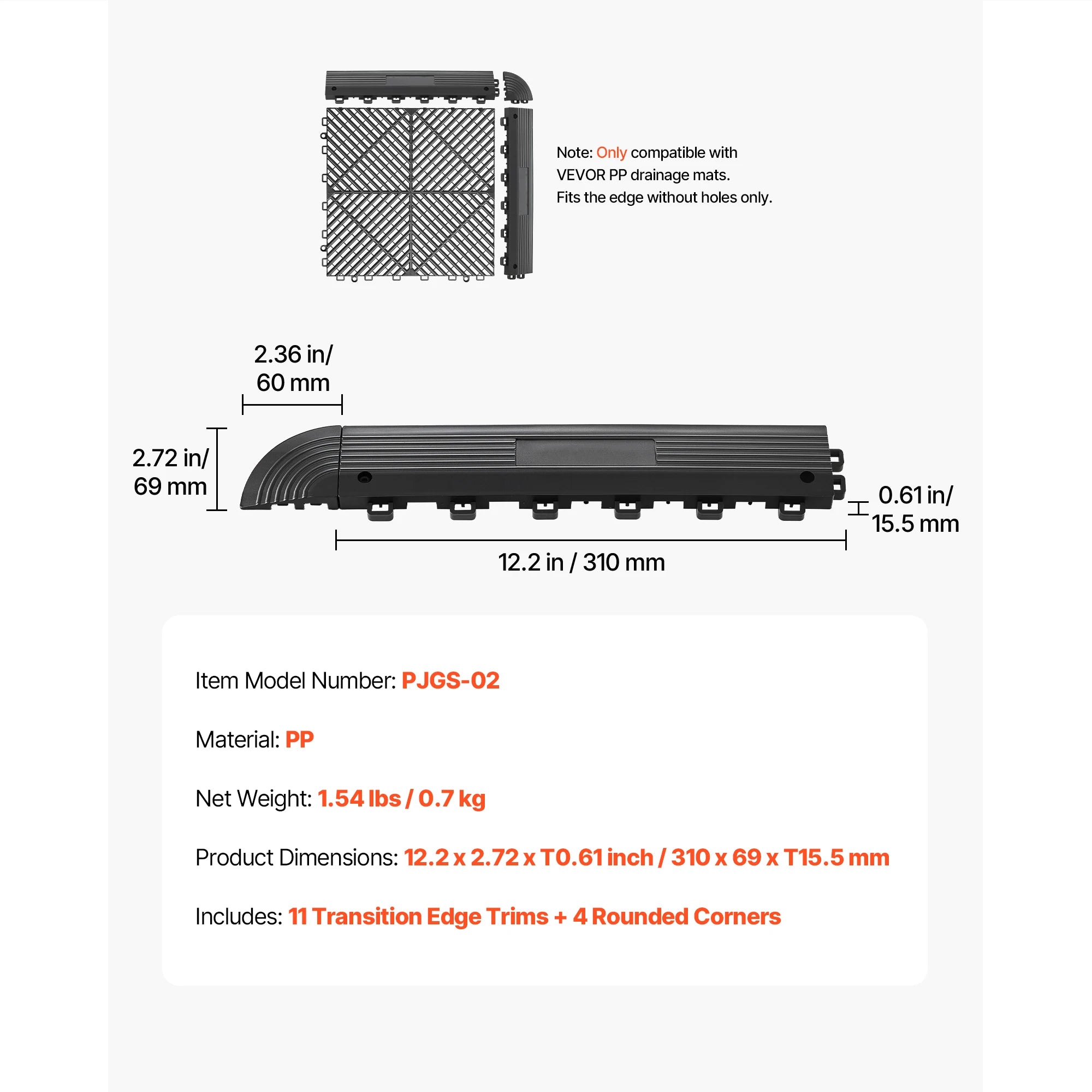 SucceBuy 11PCS Transition Edge Kit Durable PP Easy Installation for Wet Area Restaurant Only Compatible with Drainage Mats Black