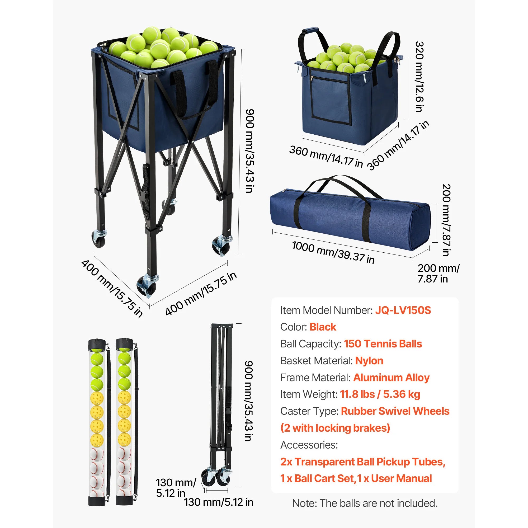 SucceBuy 2-in-1 150 Tennis Balls & 260 Pickleballs Hopper Holds with Pickup Tube Foldable Pickleball Basket Cart for Training