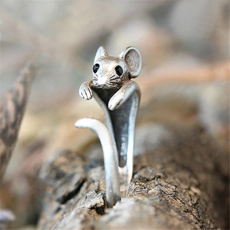 Huitan Vintage Mouse Animal Finger Ring for Women Antique Silver Color Gothic Girls Knuckle Rings Fancy Gift 2023 Hot Jewelry 