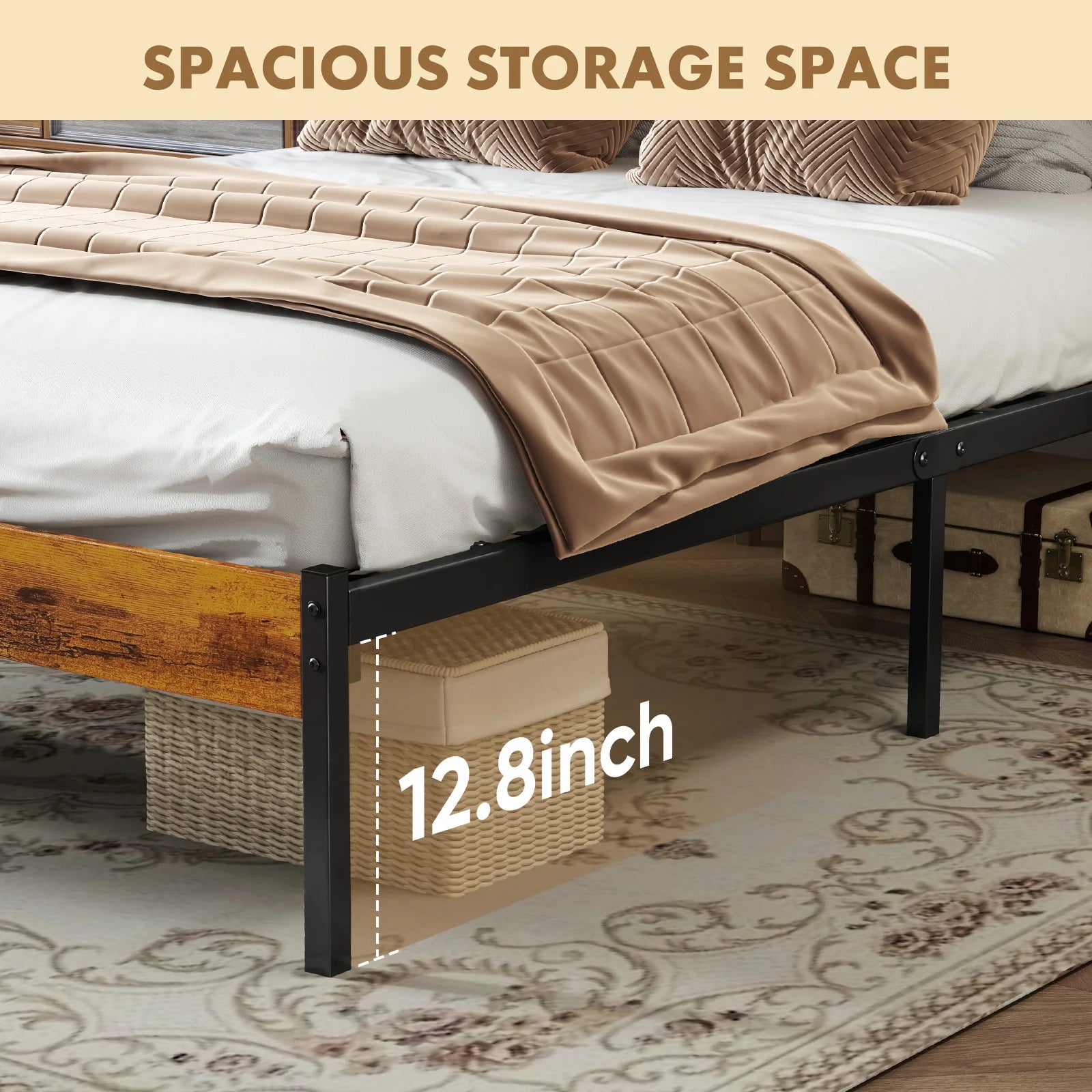 Metal Platform Bed Frame with Wooden Headboard, No Box Spring Needed