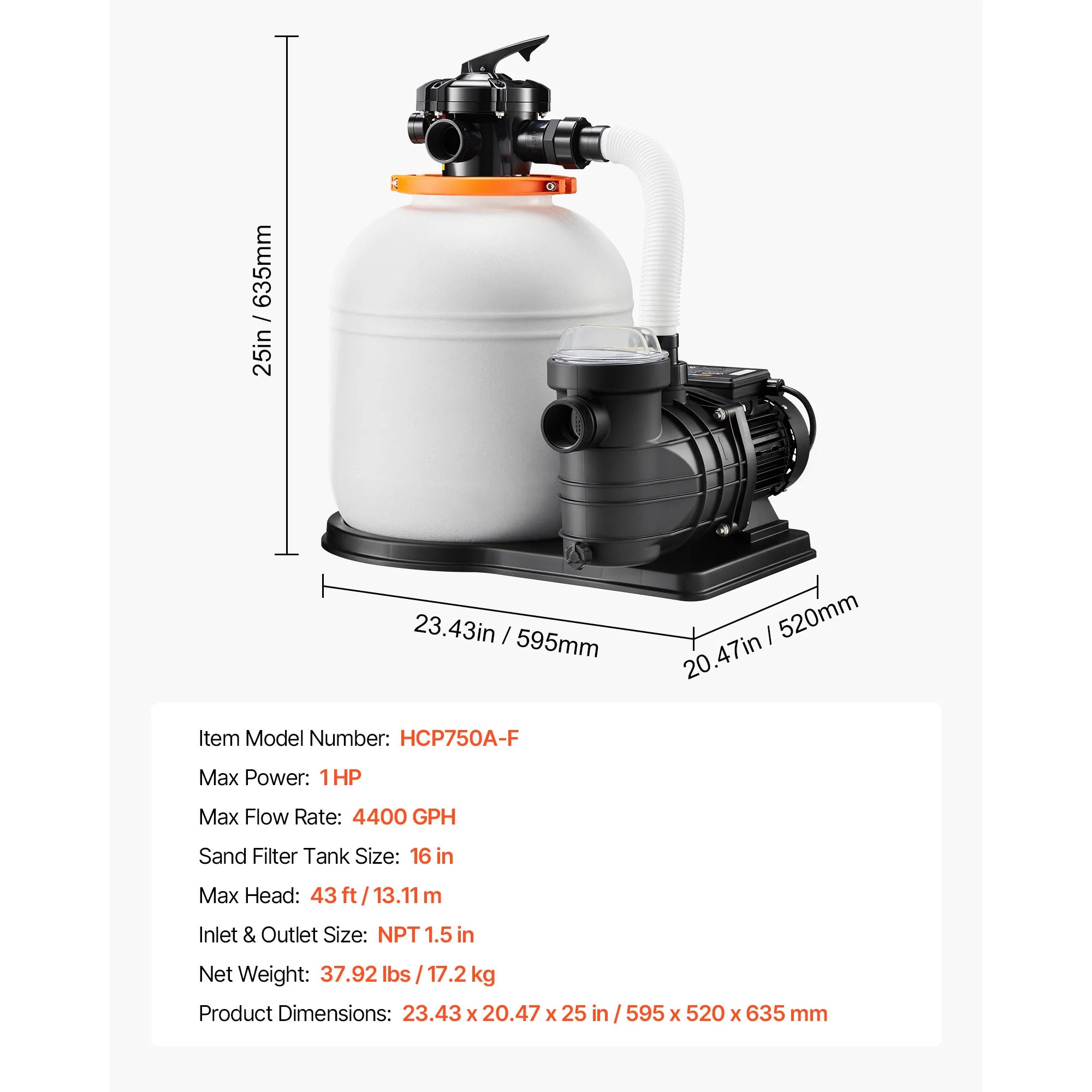 SucceBuy 12/14/16in FlashPure Sand Filter Pump with Timer for Above Ground Pool 0.5/0.75/1 HP 3000/3500/4400 GPH Media Installed