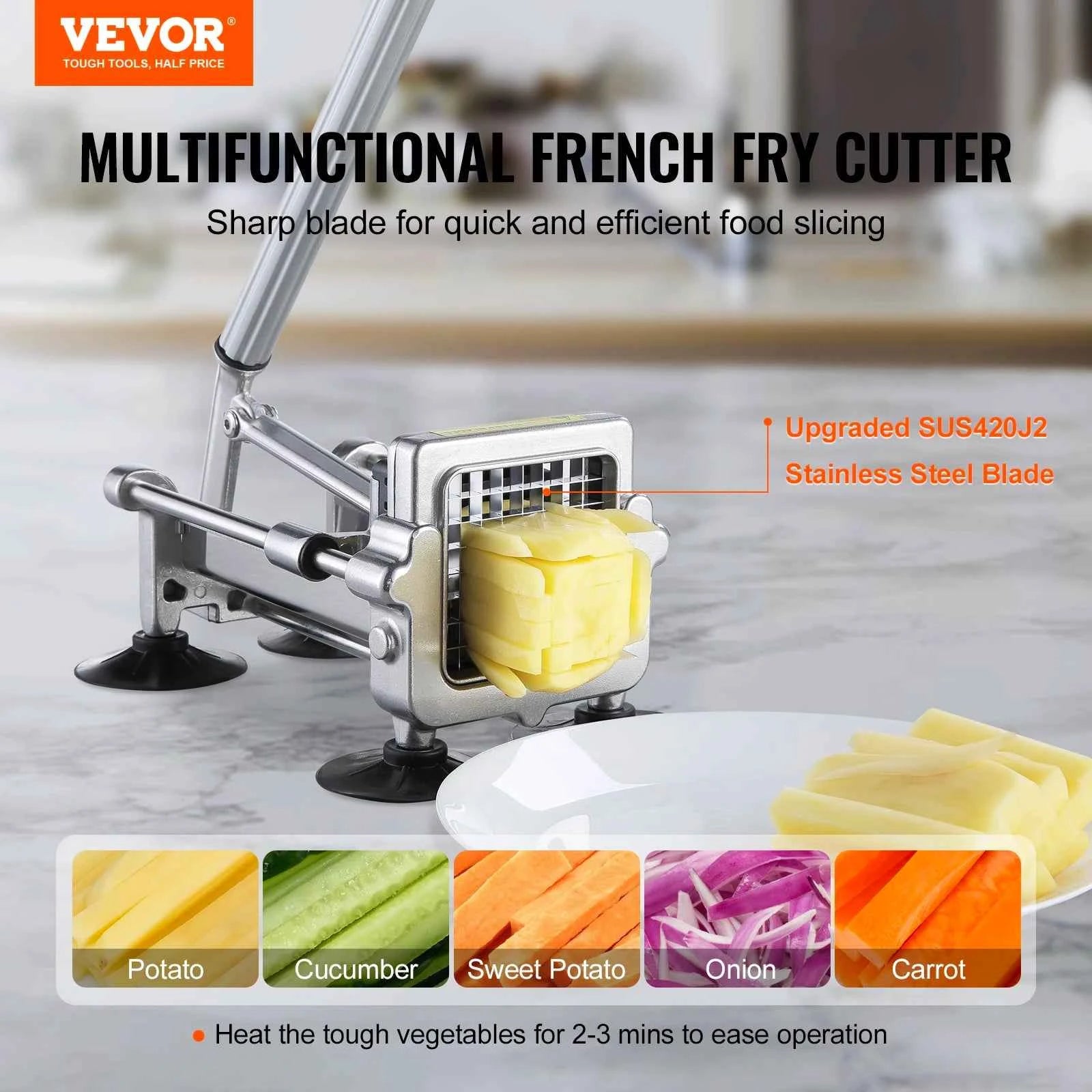 SucceBuy French Fry Cutter Potato Slicer 1/2 3/8 1/4-Inch Stainless Steel Blades for French Fries Cucumber Vegetables Carrot
