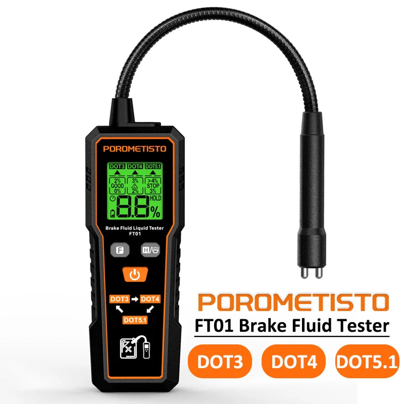 FT01 Liquide de frein automobile, témoin/ Testeur d’huile de frein portatif numérique, testeur de liquide de frein DOT3/DOT4/DOT5.1 avec sonde flexible