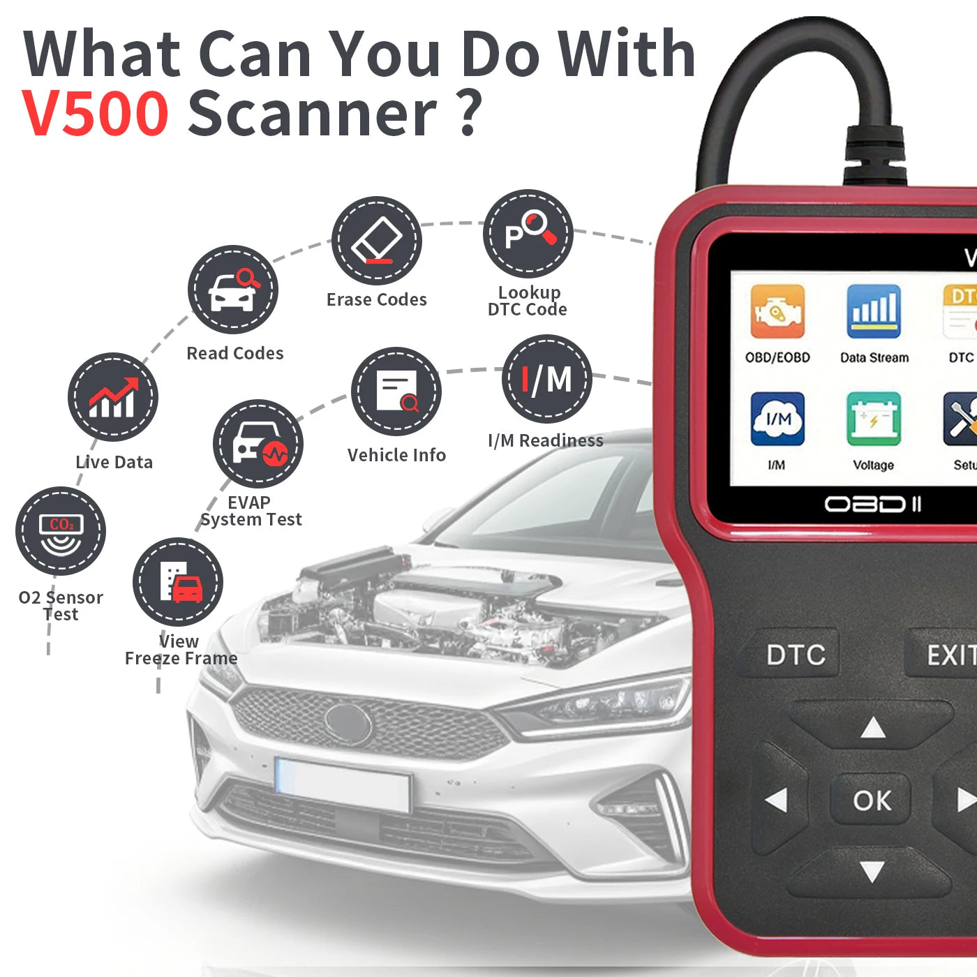 Car OBD2 Scanner Diagnostic Tool Code Reader, Car Voltage Tester Engine Fault Code Scanner, Charging Tester Diagnostic Tool V500 