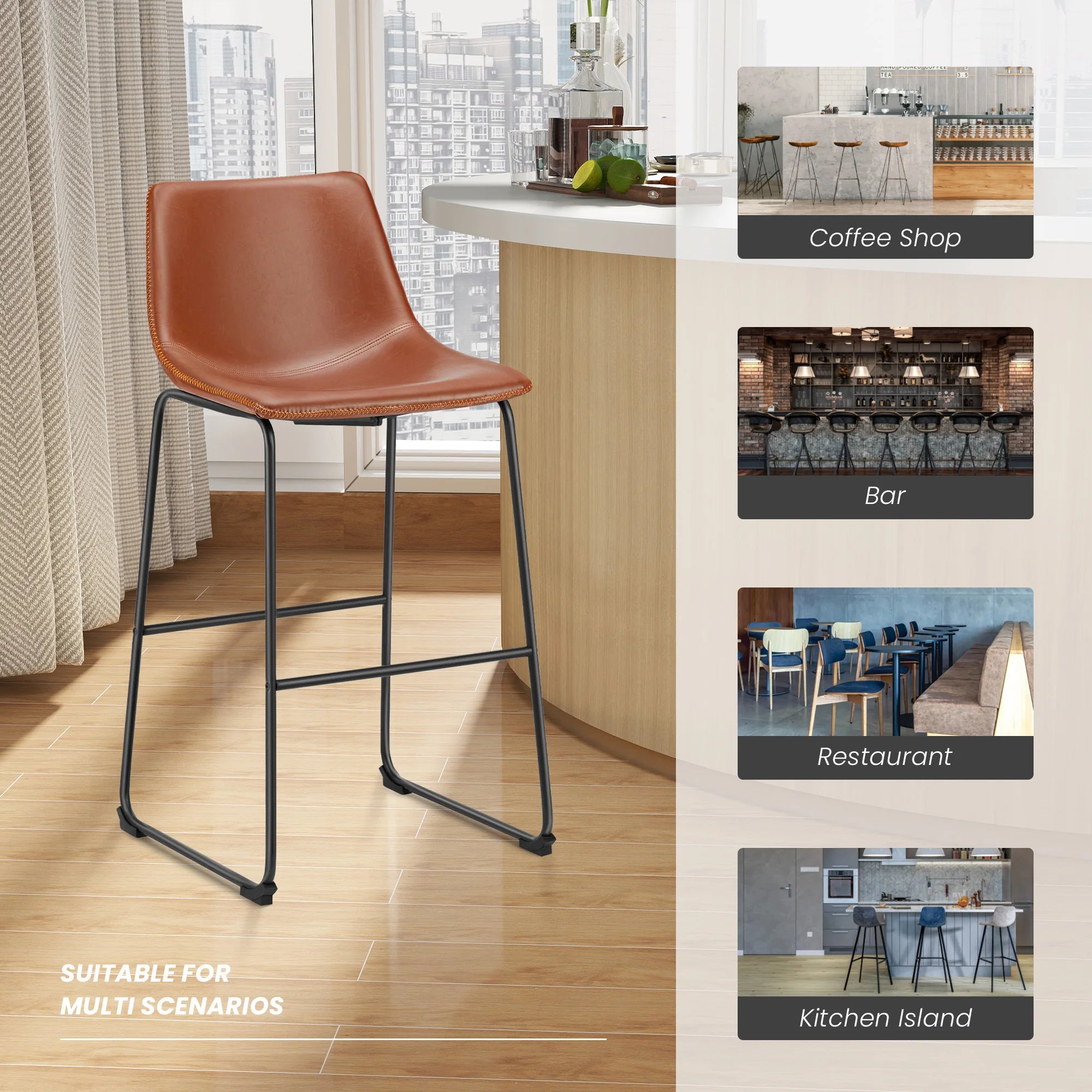 Counter Height Bar Stools Set of 2 Faux Leather with Back