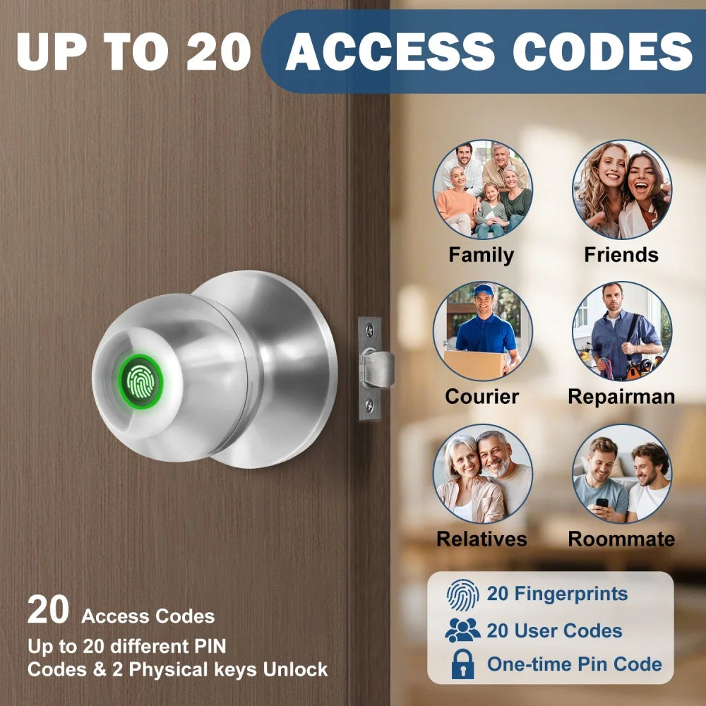 Smart Fingerprint Door Lock Knob with App Control, Password, Key Unlock and Auto Lock