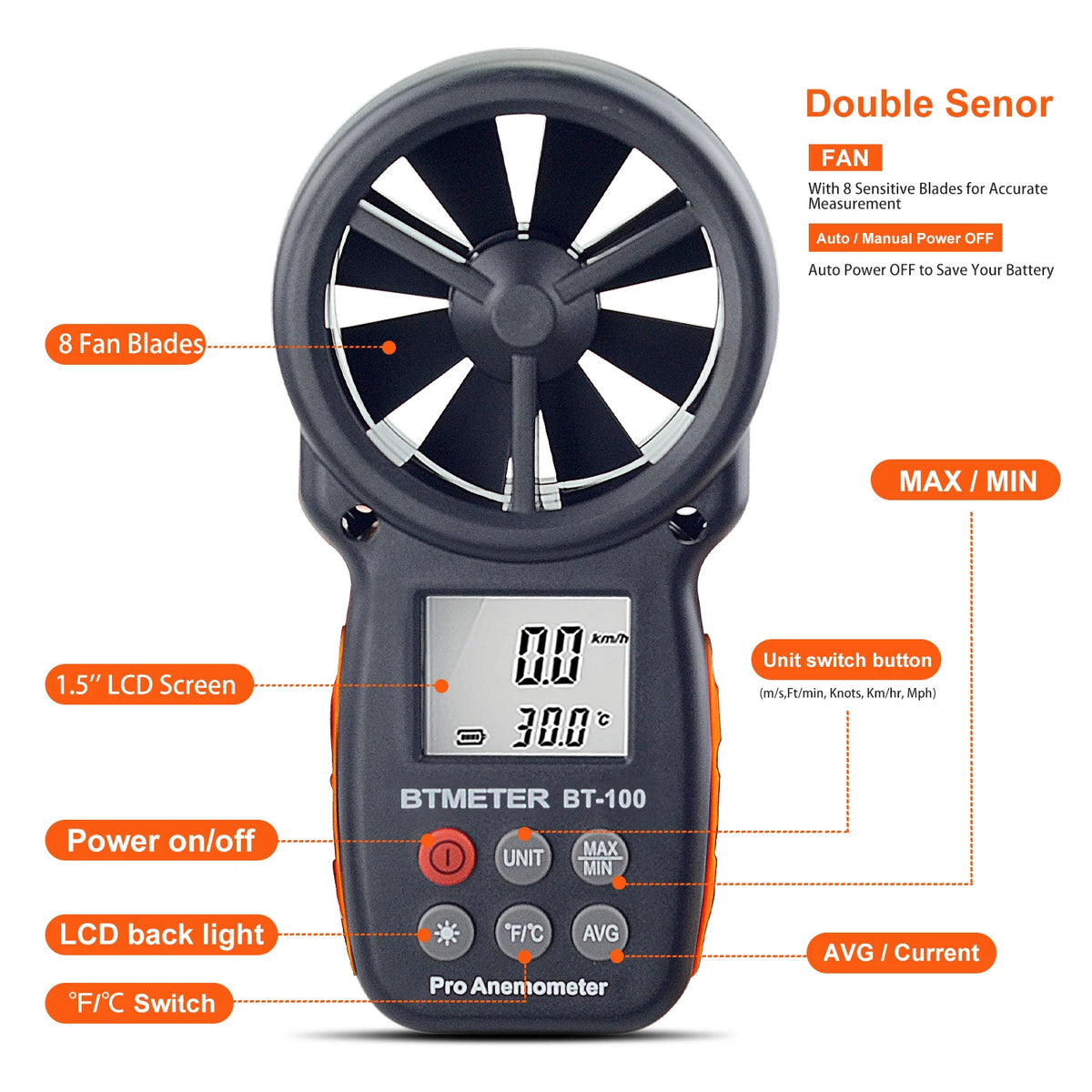 BT-100 Wind Speed and Temperature Meter