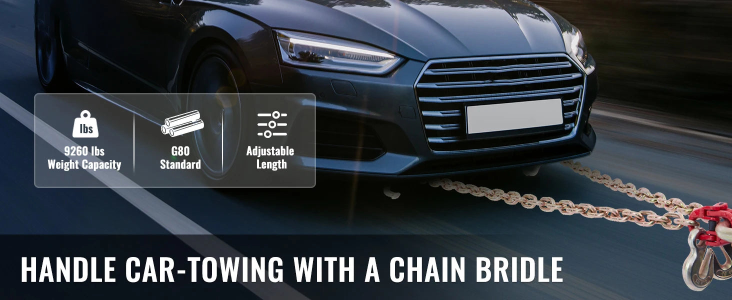 Grade 80 V-Chain Tow Bridle 5/16'' x 3' with Hooks & Shackle