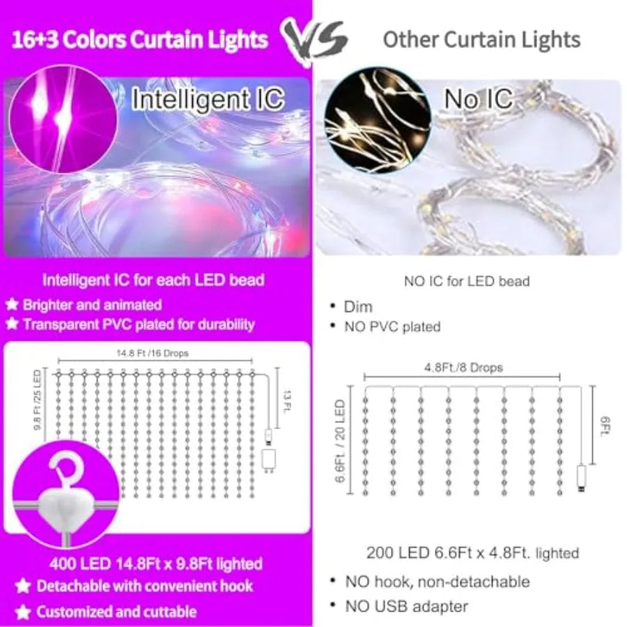 16 Color Curtain Lights 400 LED Twinkle Backdrop with Remote