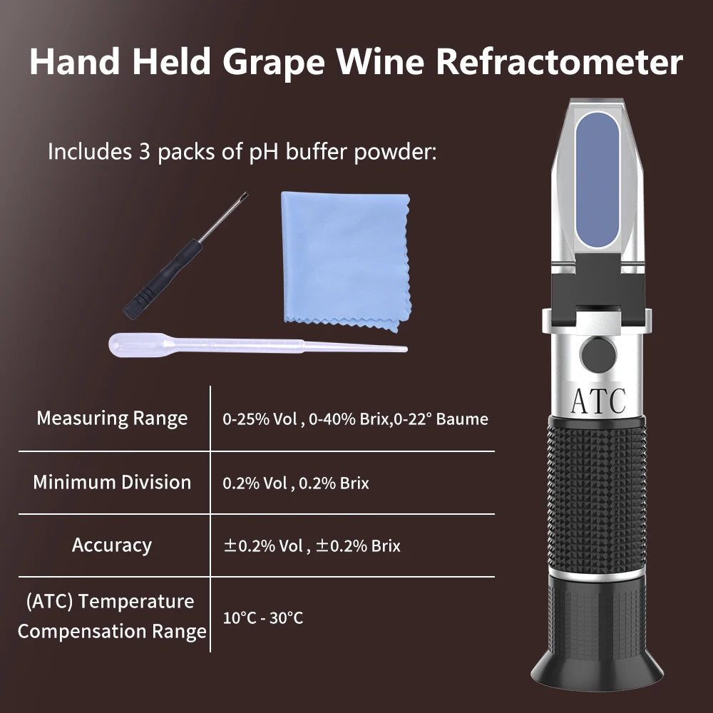 Hand-Held Wine Refractometer and Digital pH Meter, Brix and Baumé