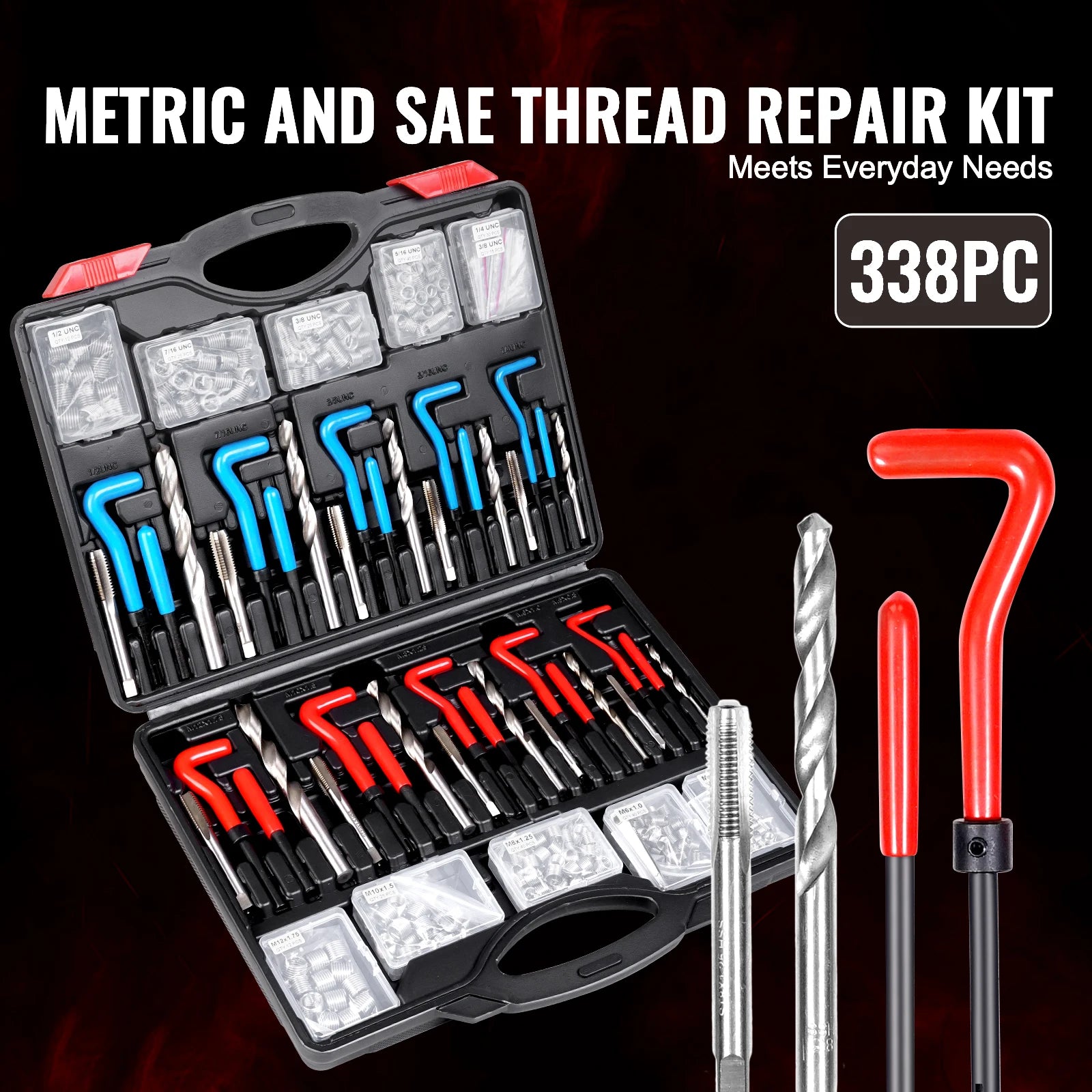 Set de reparare filet Helicoil 338 piese SAE și metric, burghiu și tarod