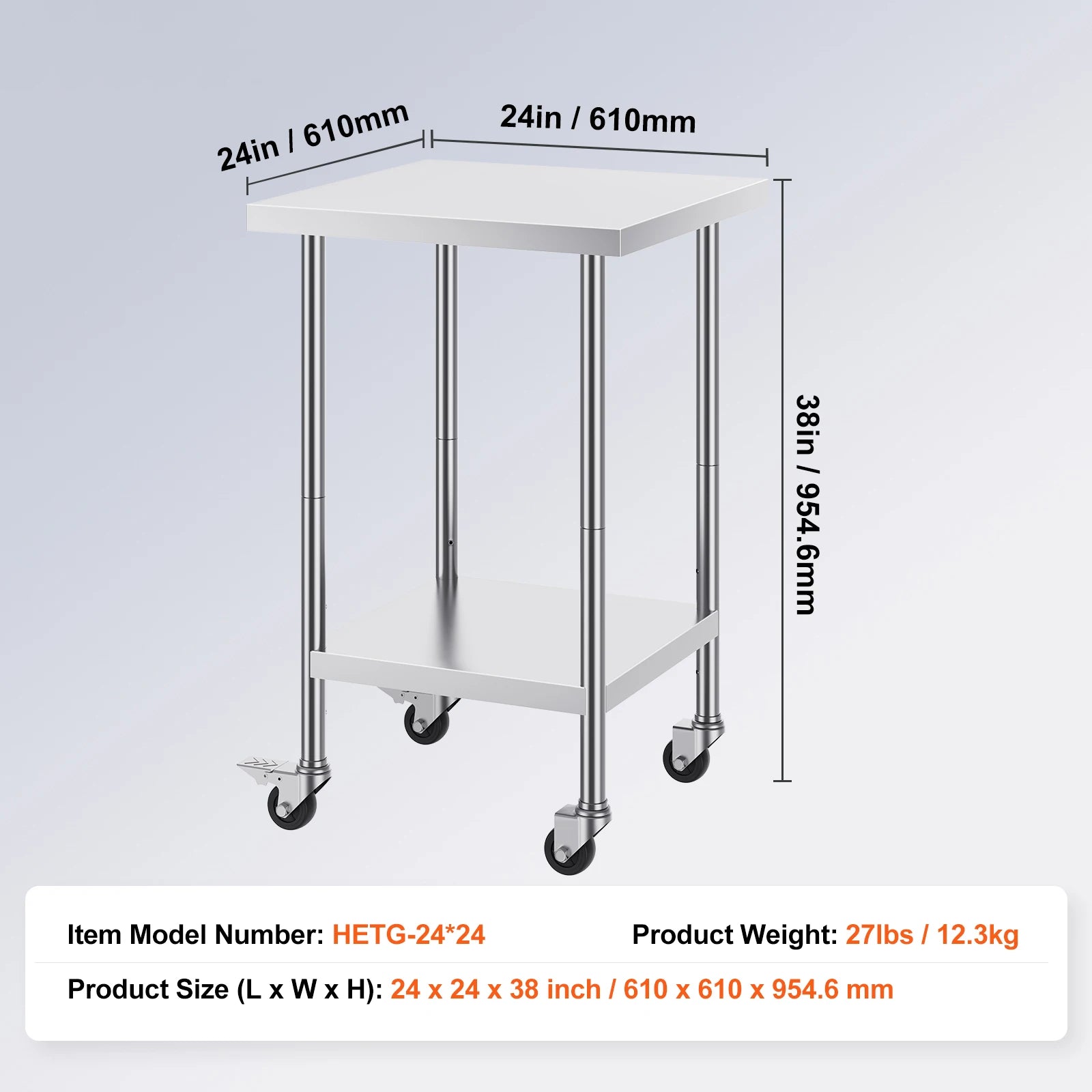 Stainless Steel Work Table with Wheels & Adjustable Shelves