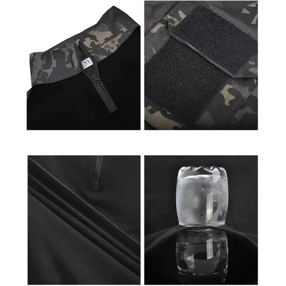 Black Camo Training Sets 1/4 Zipper Combat Tops Tactical Suits Hiking Pants Men Durable Shirts Multiple Pockets Wear-resisting