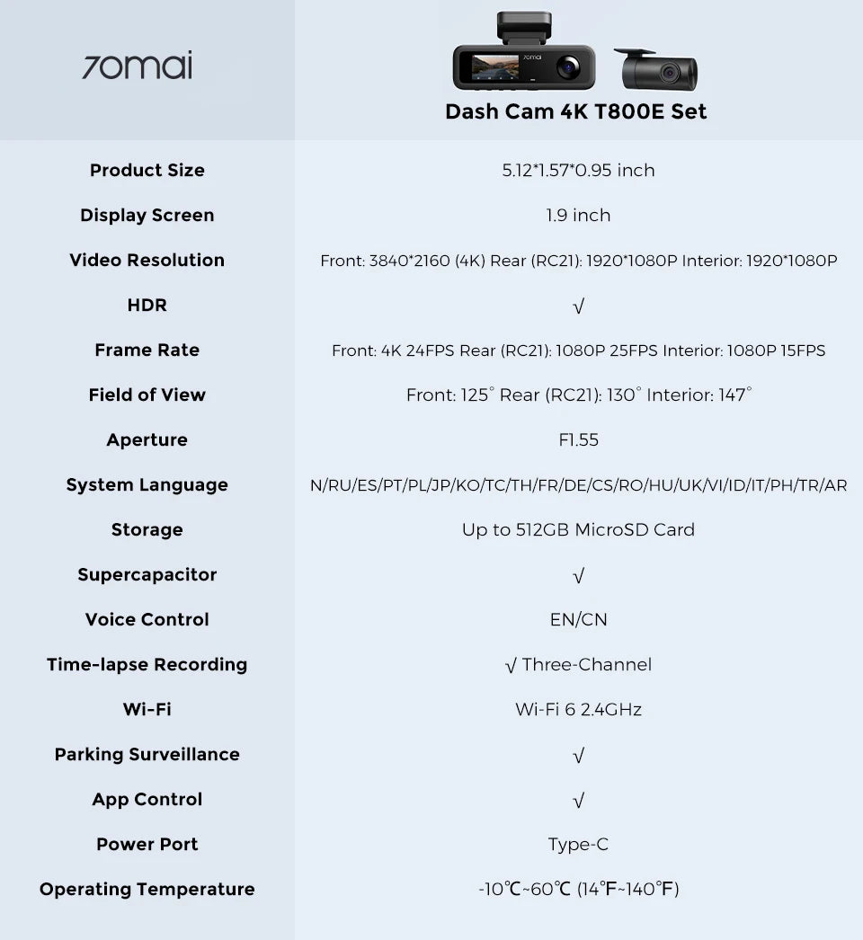 70mai T800E 3-Channel Dash Cam 4K Front + Dual 1080P HDR