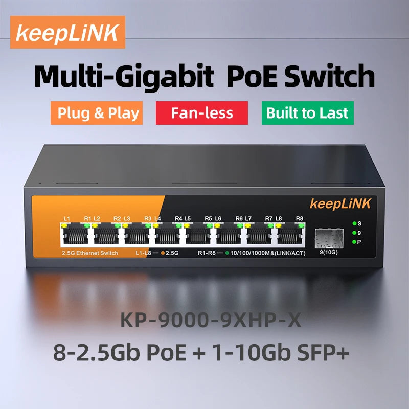 KeepLiNK 9-Port Multi-Gigabit Switch with 8-PoE 2.5Gb Ethernet and 1-SFP+ 10Gb Uplink 