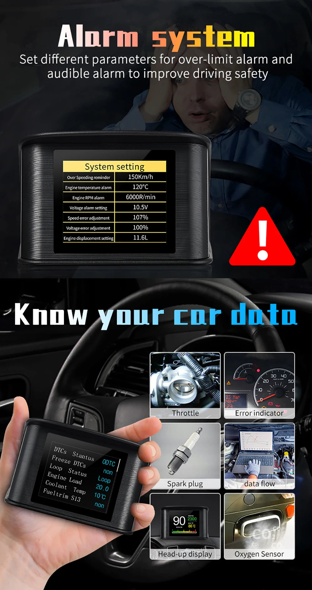 OBD2 Head Up Display Digital Speedometer with Overspeed Alarm