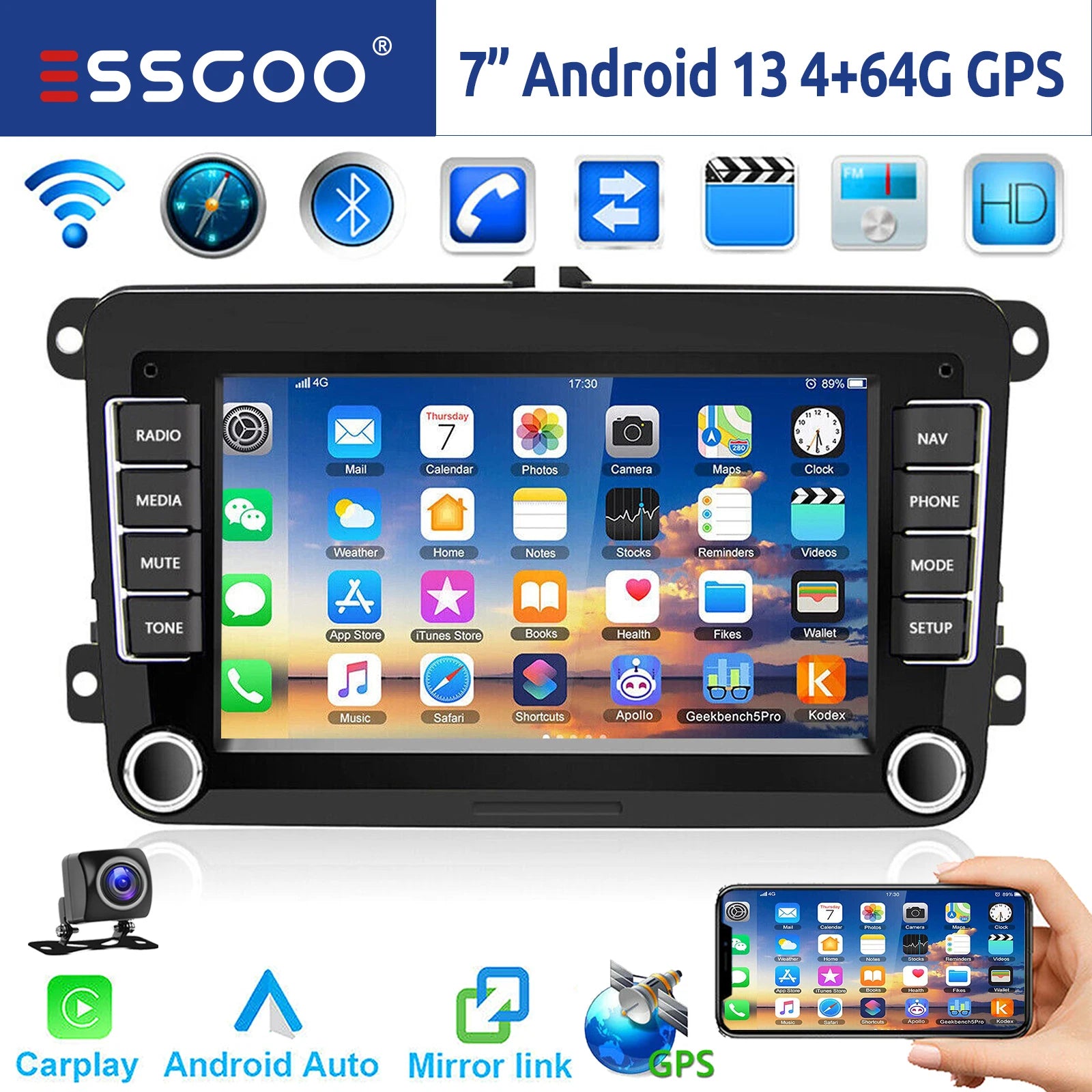 7" Android 14 Car Stereo for VW with CarPlay, GPS & Voice AI