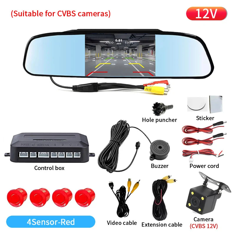 Rearview Mirror Parking Sensor System with 4 Radar Probes
