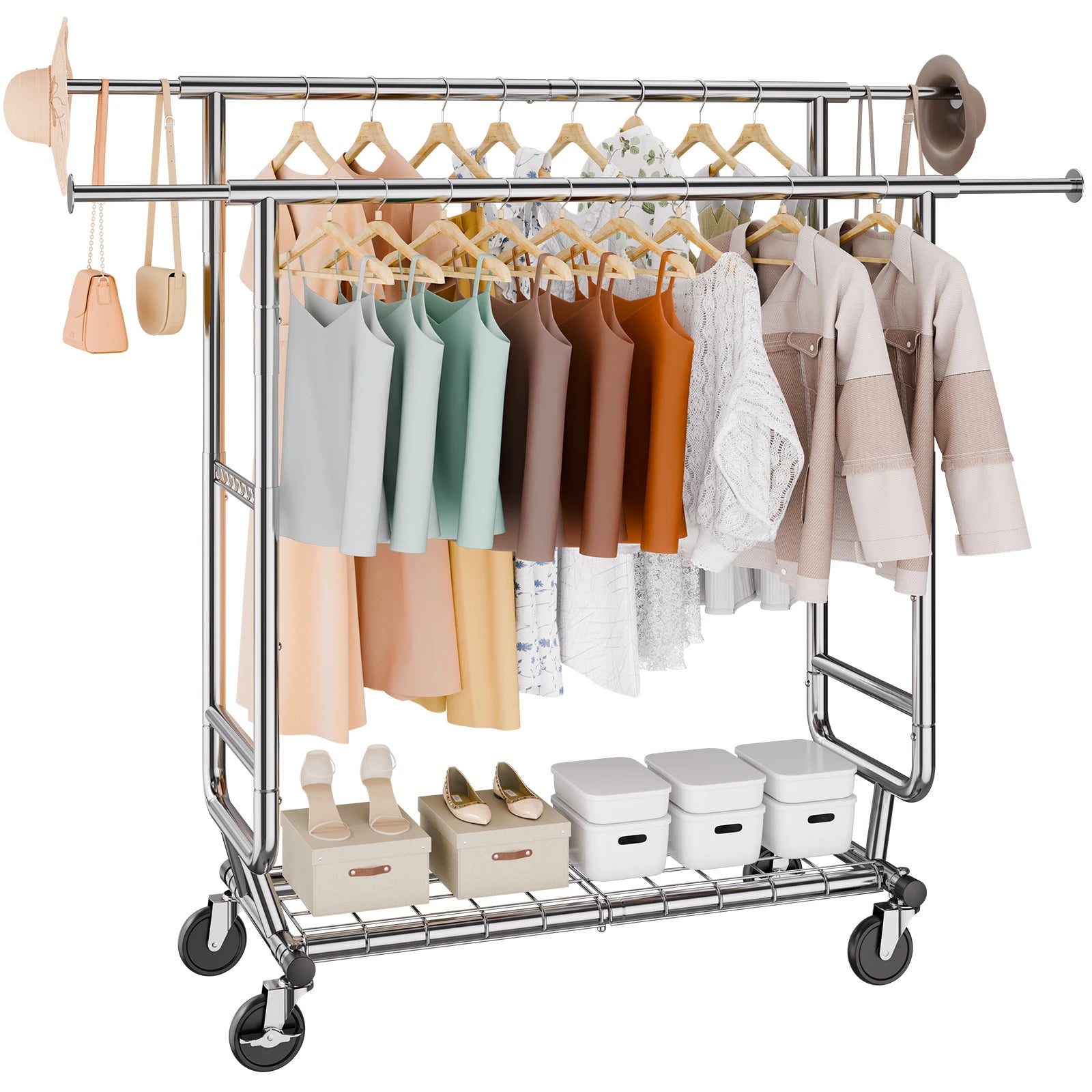 Adjustable Heavy Duty Garment Rack with Wheels & Storage Shelf