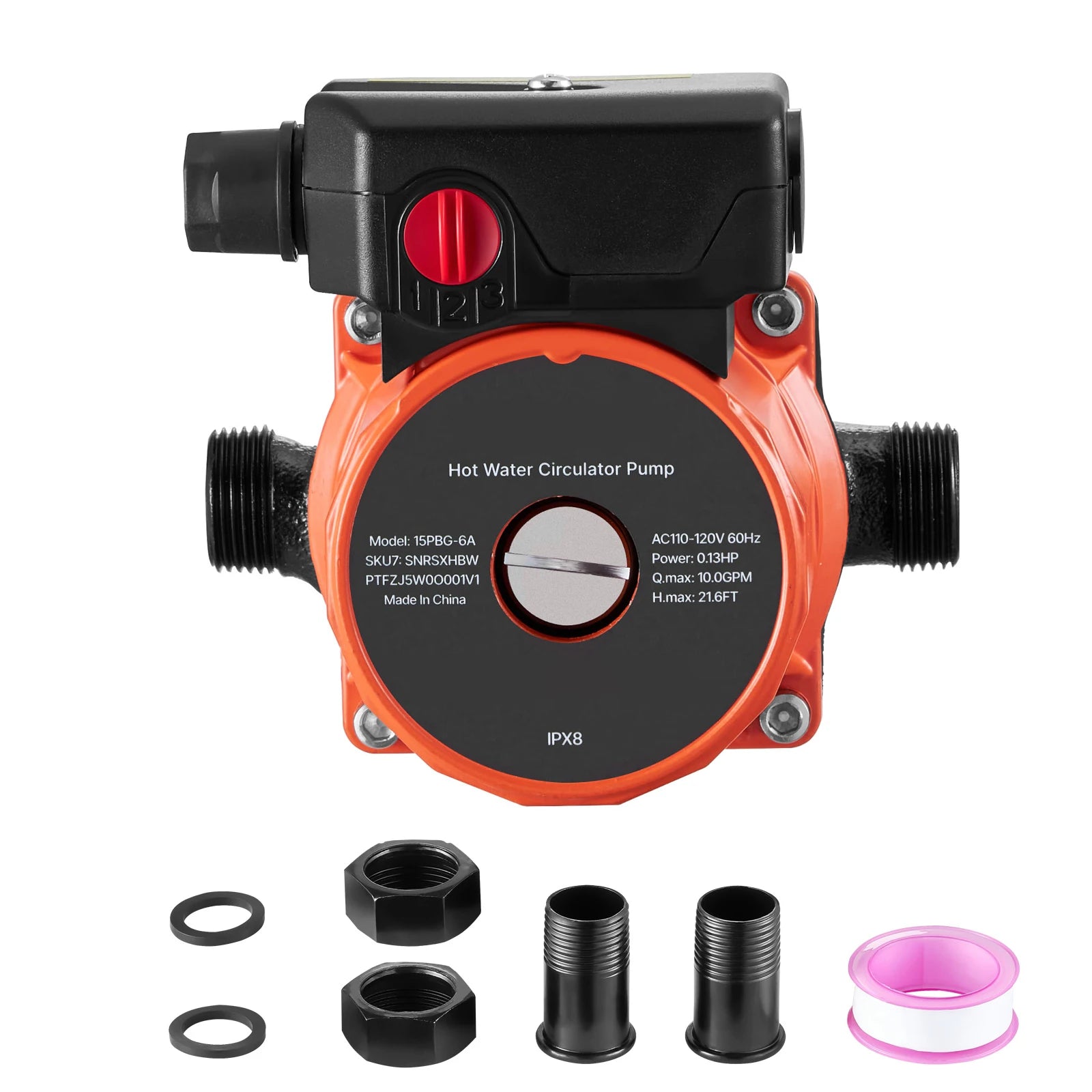 SucceBuy Hot Water Recirculating Pump 10 GPM 3 Speed Control 0.13 HP 110-120V NPT 3/4 to 1/2 Adapter Stainless Steel/Cast Iron