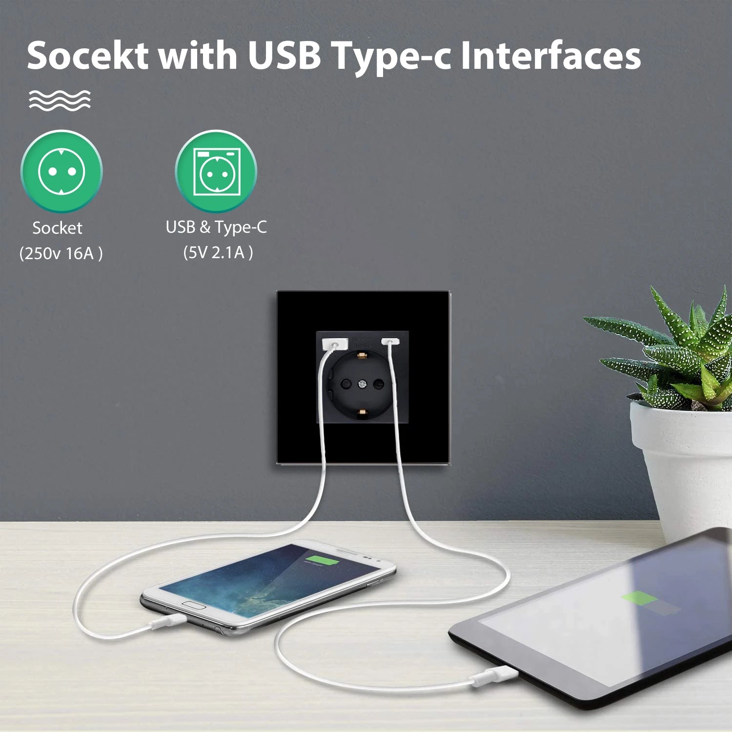 BSEED EU Standard Wall Electrical Sockets Type-C Outlets Wall Power Socket USB Charge Port Glass Panel Kids Protection 16A 