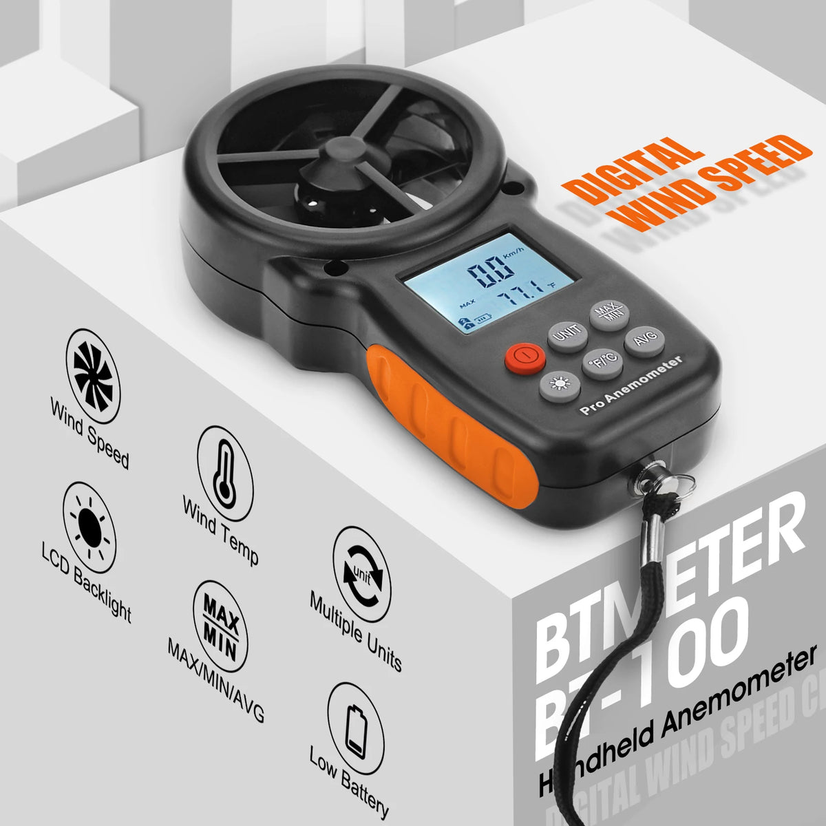 BTMETER Anemometer 0.3-30m/s -10~45℃ 5 Units MAX/MIN/AVG Wind Chill LCD Backlight Auto Off Low Battery Indicator HVAC Tool